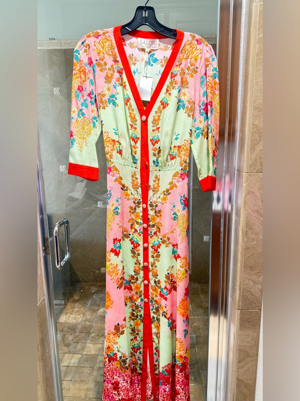 SALONI Pink, Mint & Red Floral Button-Front Maxi Dress